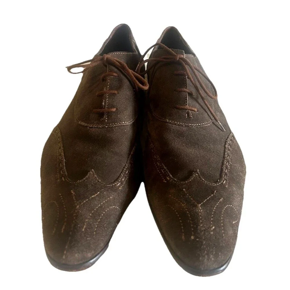 Purouomo Italian Mens EU 45 Suede Brown Wingtip Pointed Toe Dress Shoes Italy